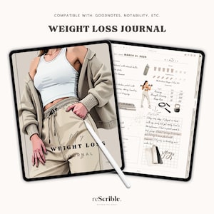 Puede incluir: Una plantilla de planificador digital para un diario de pérdida de peso. La portada presenta a una mujer con un top blanco sin mangas y pantalones beige. El texto "My Weight Loss Journal" está escrito en una fuente de letra manuscrita. El planificador incluye secciones para la ingesta diaria de alimentos, el ejercicio y las notas.