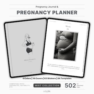 May include: A digital pregnancy planner and journal with a light gray cover featuring a line drawing of a pregnant person. The planner includes 4 colors, 16 covers, 63 stickers, and 84 templates. The planner has 502 hyperlinked pages.