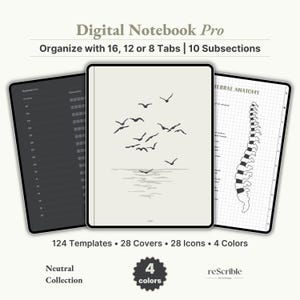 Pode incluir: Digital Notebook Pro com uma coleção neutra de modelos, capas e ícones. A imagem mostra três cadernos digitais com diferentes layouts. Um caderno apresenta um bando de pássaros sobre a água. O texto diz: Organize com 16, 12 ou 8 abas | 10 subseções.