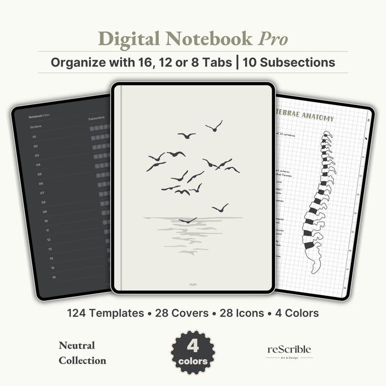 - Digital Notebook Pro
    
    "Digital Notebook Pro with 114 templates, 28 covers, 28 icons, and 4 color themes – organize with 16, 12, or 8 tabs."
    
    GoodNotes Planner, Digital Planner, Notability Planner, Digital Notebook, Digital Stickers, Hyperlinked Tabs, Bullet Journal, Notetaking Template, Cornell Notes, Notes Template, Notebook with Tabs, iPad Notebook, GoodNotes Template