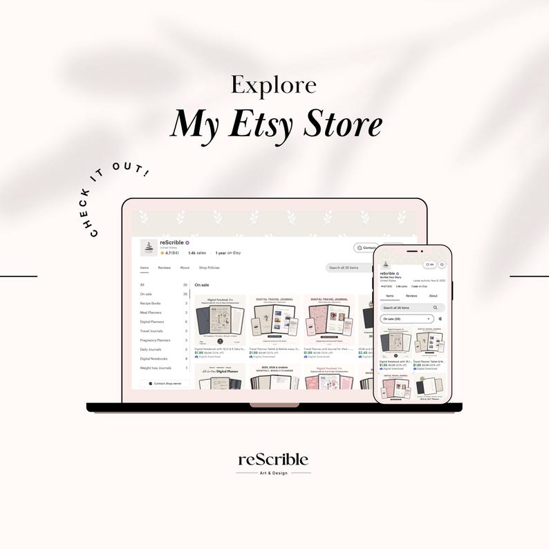 Etsy shop preview graphic inviting customers to explore reScribe digital planner store. Laptop and phone mockup displaying Etsy listings for digital planners, notebooks and journals in neutral Dusty Rose aesthetic. Perfect end slide for Etsy listing gallery to drive traffic to shop and cross-sell other digital planner bundles. Instant download products only.