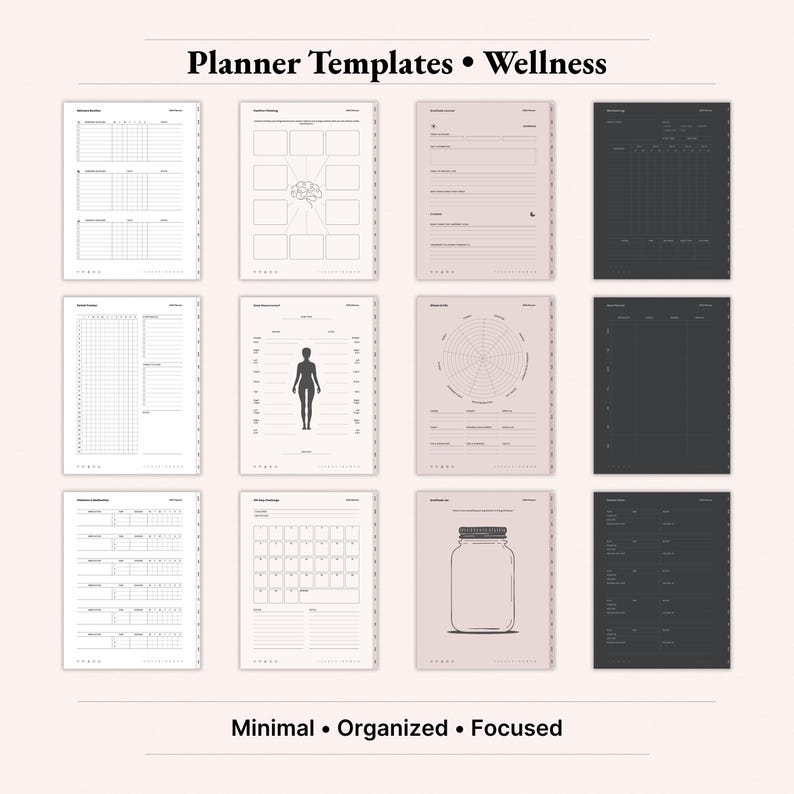 Planner templates wellness bundle for 2026 digital planner on iPad featuring workout log, period tracker, body measurement, wheel of life, mood tracker, vitamins and medication, sleep tracker, gratitude jar and health overview pages. Minimal Dusty Rose and dark aesthetic GoodNotes Notability templates to track fitness, self care, habits and wellbeing. Instant download PDF.