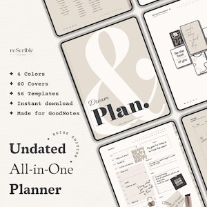 May include: Beige digital planner with the text "Dream Plan." and "Undated All-in-One Planner." The planner includes 4 colors, 60 covers, and 56 templates. It is designed for GoodNotes and is an instant download.