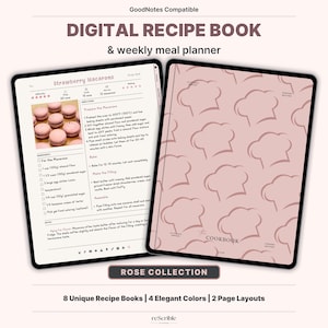 Peut inclure: Livre de recettes numérique et planificateur de repas hebdomadaire. La couverture est rose clair avec des motifs de toque de chef. Le livre de recettes numérique comprend une recette de macarons aux fraises. Le texte dit "Rose Collection".