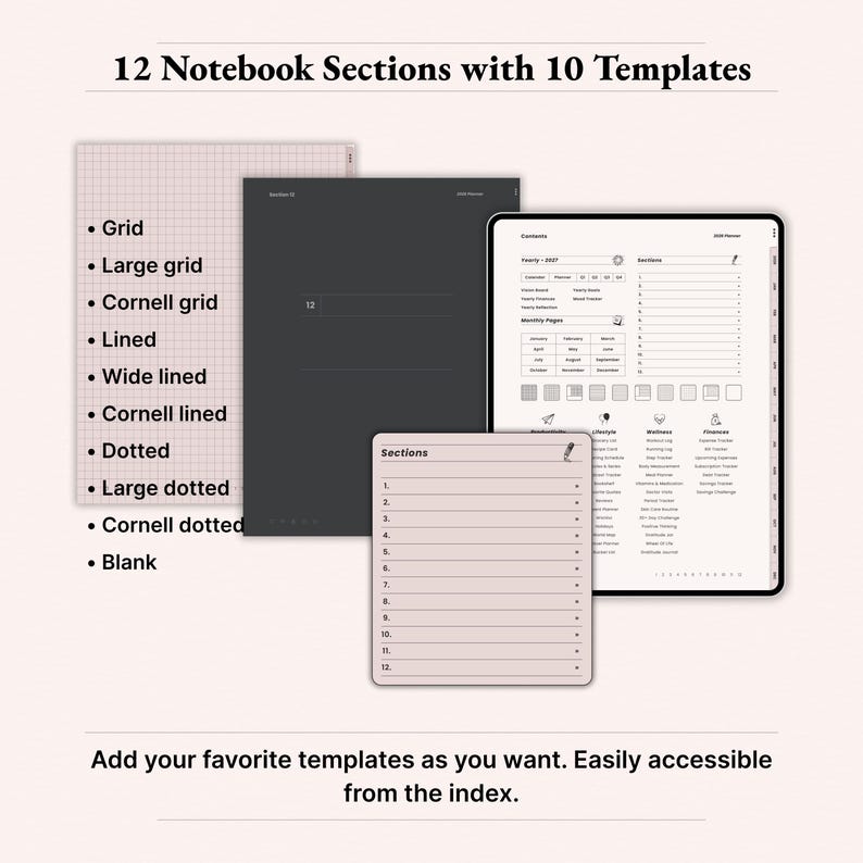 Notebook sections overview for 2026 digital planner on iPad featuring 12 notebook sections with 10 paper templates: grid, large grid, Cornell grid, lined, wide lined, Cornell lined, dotted, large dotted, Cornell dotted and blank pages. Dusty Rose and dark aesthetic GoodNotes Notability index page with hyperlinked sections for organized note taking. Instant download digital planner PDF.