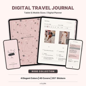 Puede incluir: Diario de viaje digital de la colección Rose. La imagen muestra una tableta, un teléfono y un diario con una cubierta rosa y un diseño de avión. La tableta muestra un planificador digital con secciones de atuendos e itinerarios diarios. El teléfono muestra una página de diario de viaje.