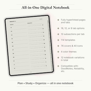 - All-in-One Digital Notebook
    
    "All-in-one digital notebook bundle with hyperlinked tabs, 114 templates, 28 covers, and 28 icons for GoodNotes."
    
    digital notebook, GoodNotes notebook, portrait notebook, minimalist notebook, Digital Journal, Notebook Journal, digital download, digital template, lined notebook, digital planner, student notebook, notebook with tabs, hyperlinked notebook