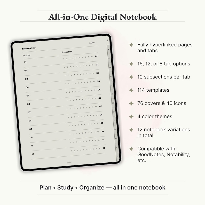 - All-in-One Digital Notebook
    
    "All-in-one digital notebook bundle with hyperlinked tabs, 114 templates, 28 covers, and 28 icons for GoodNotes."
    
    digital notebook, GoodNotes notebook, portrait notebook, minimalist notebook, Digital Journal, Notebook Journal, digital download, digital template, lined notebook, digital planner, student notebook, notebook with tabs, hyperlinked notebook