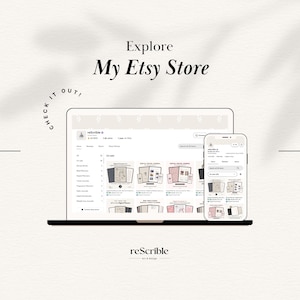 Etsy shop preview graphic inviting customers to explore reScribe digital planner store. Laptop and phone mockup displaying Etsy listings for digital planners, notebooks and journals in neutral Dusty Rose aesthetic. Perfect end slide for Etsy listing gallery to drive traffic to shop and cross-sell other digital planner bundles. Instant download products only.