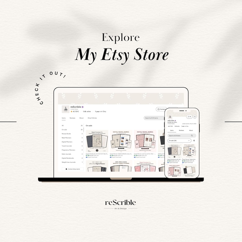 Etsy shop preview graphic inviting customers to explore reScribe digital planner store. Laptop and phone mockup displaying Etsy listings for digital planners, notebooks and journals in neutral Dusty Rose aesthetic. Perfect end slide for Etsy listing gallery to drive traffic to shop and cross-sell other digital planner bundles. Instant download products only.