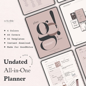 May include: An undated all-in-one digital planner in a rose edition, featuring a cover with the words "plan & done." The planner includes 4 colors, 60 covers, and 56 templates. It is designed for GoodNotes and available for instant download.