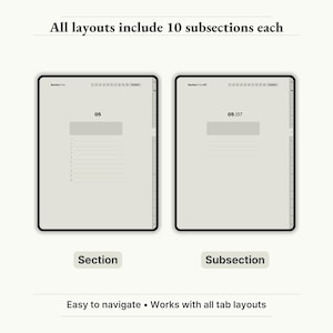 - Sections and Subsections
    
    "Digital notebook layouts with 10 subsections per section – customizable and easy navigation for planners and notes."
    
    digital notebook, GoodNotes notebook, Notability notebook, Noteshelf notebook, digital journal, digital notes, notes templates, project planner, meeting notes, lecture notes, student notebook, iPad notebook, digital note paper