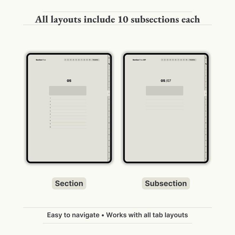 - Sections and Subsections
    
    "Digital notebook layouts with 10 subsections per section – customizable and easy navigation for planners and notes."
    
    digital notebook, GoodNotes notebook, Notability notebook, Noteshelf notebook, digital journal, digital notes, notes templates, project planner, meeting notes, lecture notes, student notebook, iPad notebook, digital note paper