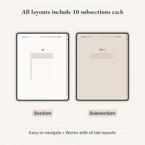 "Digital notebook layouts with 10 subsections per section – customizable and easy navigation for planners and notes."

digital notebook, Goodnotes notebook, Notability notebook, noteshelf notebook, digital journal, digital notes, notes templates, project planner, meeting notes, lecture notes, student notebook, iPad notebook, digital note paper