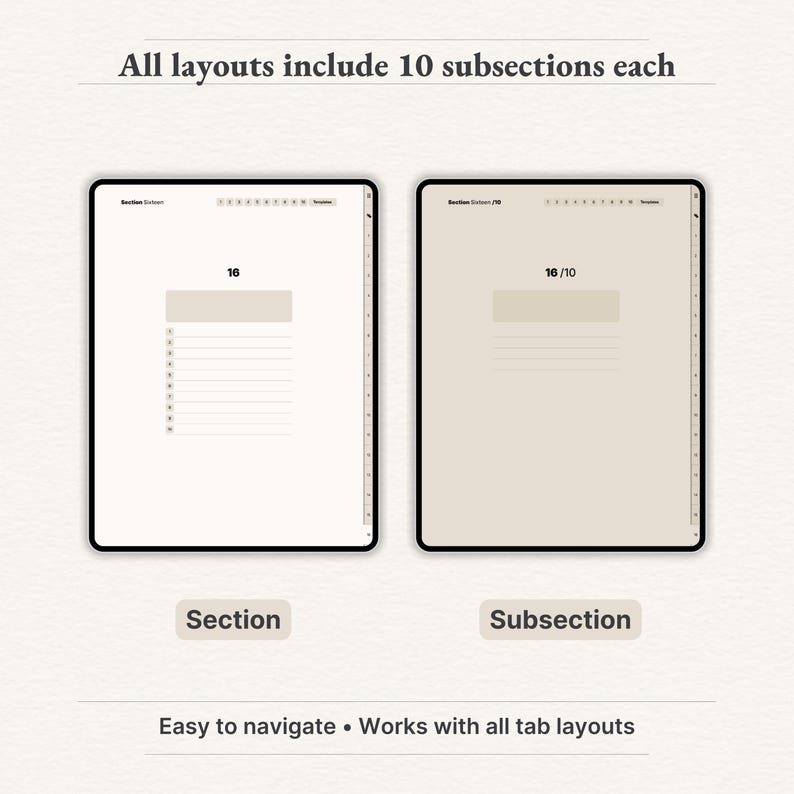 "Digital notebook layouts with 10 subsections per section – customizable and easy navigation for planners and notes."

digital notebook, Goodnotes notebook, Notability notebook, noteshelf notebook, digital journal, digital notes, notes templates, project planner, meeting notes, lecture notes, student notebook, iPad notebook, digital note paper