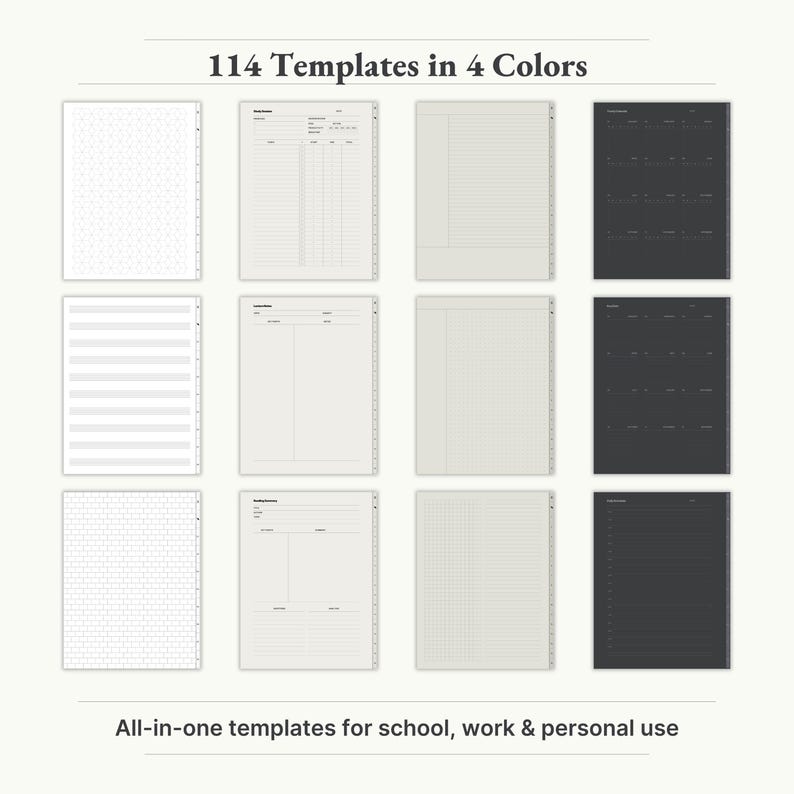 - Included Page Layouts
    
    "Mix and match digital notebook page layouts – customizable grid, lined, planner, and dotted templates."
    
    digital journal, digital notebook, digital planner, GoodNotes notebook, GoodNotes template, iPad notebook, minimalist notebook, notebook journal, notebook with tabs, notes template, portrait notebook, student notebook,