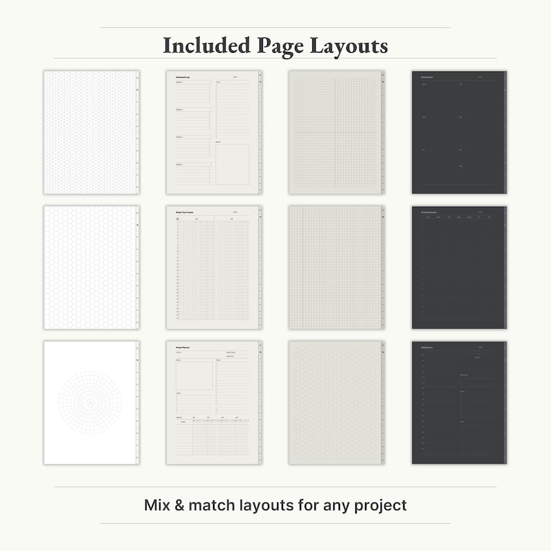 - 114 Templates in 4 Colors
    
    "Digital notebook templates in 4 paper colors – versatile layouts for school, work, and personal use."
    
    GoodNotes notebook, notability notebook, hyperlinked notebook, student notebook, iPad notebook, project planner, notes template, digital note paper, digital journal, minimalist notebook, notebook with tabs, lecture notes, digital planner