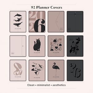 92 aesthetic digital planner covers in Dusty Rose, Petal Pink, black and neutral tones. Minimalist iPad planner cover bundle with cats, plants, abstract shapes, dolphins and envelope designs. Perfect GoodNotes and Notability cover set for 2026 digital planner, feminine modern style, instant download PNG and PDF files.