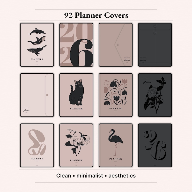 92 aesthetic digital planner covers in Dusty Rose, Petal Pink, black and neutral tones. Minimalist iPad planner cover bundle with cats, plants, abstract shapes, dolphins and envelope designs. Perfect GoodNotes and Notability cover set for 2026 digital planner, feminine modern style, instant download PNG and PDF files.