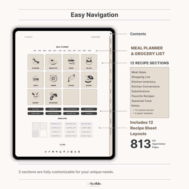 Digital Weekly Meal Planner template for streamlined healthy eating. 7 day meal planner layout simplifies creating meal prep meal plans. Organize your weekly food & plan healthy meal prep ideas. Great diet planner & weekly food planner for GoodNotes.