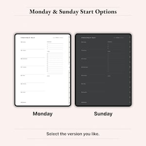Weekly spread preview for 2026 digital planner on iPad showing Monday-start and Sunday-start options side by side in light and dark themes. Each layout includes priorities, tasks checklist and notes section with hyperlinked tabs on the right. Dusty Rose minimalist GoodNotes Notability weekly planner for flexible start day preference. Instant download PDF.