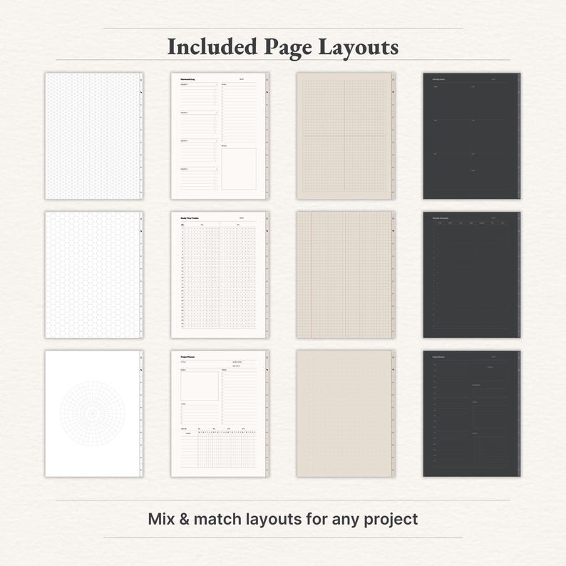 "Mix and match digital notebook page layouts – customizable grid, lined, planner, and dotted templates."

digital journal, digital notebook, digital planner, goodnotes notebook, goodnotes template, ipad notebook, minimalist notebook, notebook journal, notebook with tabs, notes template, portrait notebook, student notebook, apple calendar