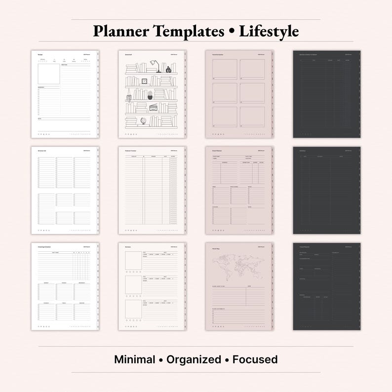 Planner templates lifestyle bundle for 2026 digital planner on iPad with recipe card, bookshelf reading log, favorite quotes, cleaning schedule, grocery list, event planner, travel planner and world map pages. Dusty Rose and dark aesthetic GoodNotes Notability templates to organize home, hobbies, entertainment and trips. Instant download PDF.