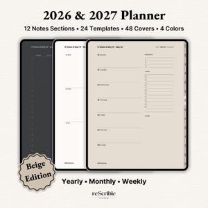 Puede incluir: Planificador digital para 2026 y 2027, con 12 secciones de notas, 24 plantillas y 48 cubiertas en 4 colores. La imagen muestra tres páginas del planificador, incluida una edición beige. El planificador incluye vistas anuales, mensuales y semanales.