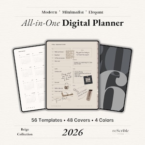 May include: An all-in-one digital planner with a minimalist design. The image shows three digital tablets with different views, including a calendar and daily planner pages. The planner has 56 templates, 48 covers, and is available in 4 colors. The year 2026 is featured.