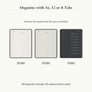 - Organize with Tabs
    
    "Digital notebook organization with 16, 12, or 8 tab options – fully hyperlinked layouts for efficient planning."
    
    digital notebook, notebook template, notebook pdf, GoodNotes template, daily digital notes, weekly digital notes, monthly digital note, student digital note, cornell digital note, ruled digital notes, graph digital notes, dotted digital notes, digital notes covers