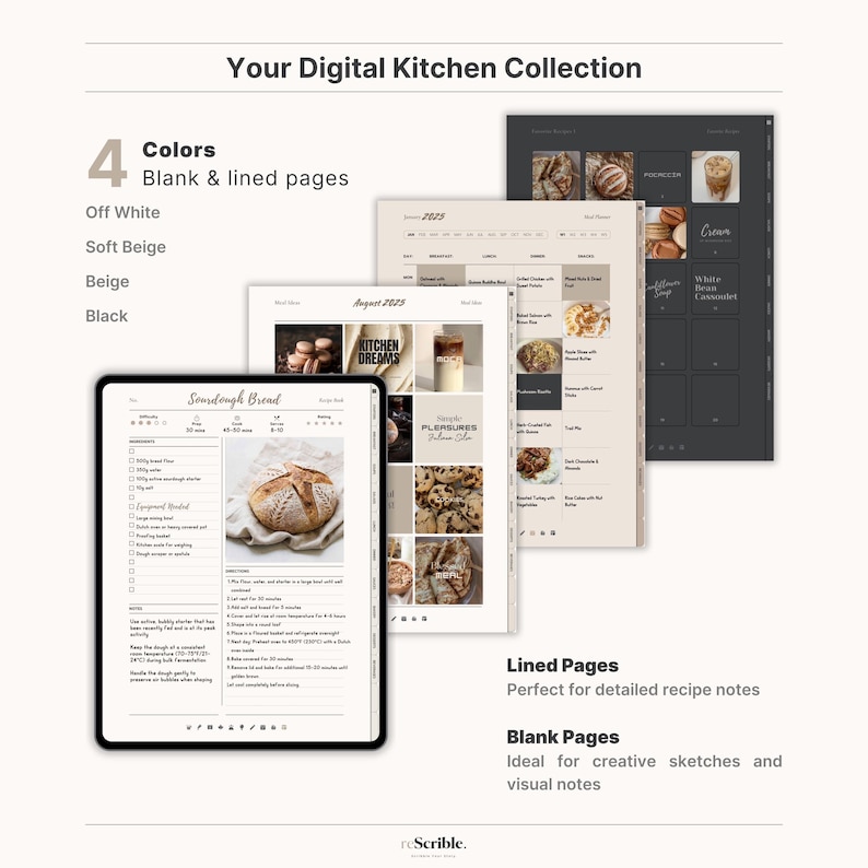 Clean easy recipe page layout in our digital cookbook template. Blank cookbook design feels like a personal recipe journal. Add your family recipes using the recipe card style. Ideal simple recipe book & cookbook recipe template for GoodNotes/Notability.