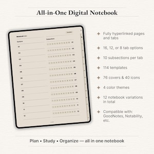 "All-in-one digital notebook bundle with hyperlinked tabs, 114 templates, 76 covers, and 40 icons for GoodNotes."

digital notebook, goodnotes notebook, portrait notebook, minimalist notebook, Digital Journal, Notebook Journal, digital download, digital template, lined notebook, digital planner, student notebook, notebook with tabs, hyperlinked notebook