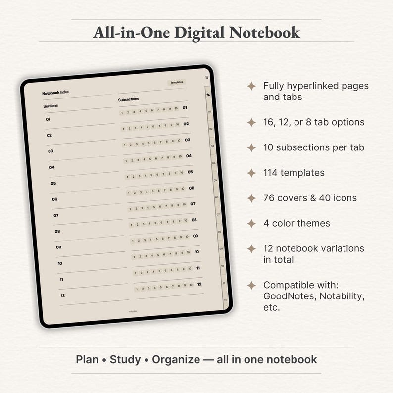 "All-in-one digital notebook bundle with hyperlinked tabs, 114 templates, 76 covers, and 40 icons for GoodNotes."

digital notebook, goodnotes notebook, portrait notebook, minimalist notebook, Digital Journal, Notebook Journal, digital download, digital template, lined notebook, digital planner, student notebook, notebook with tabs, hyperlinked notebook
