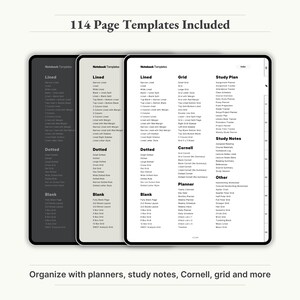 - 114 Page Templates Included (index view)
    
    "114 page templates for digital notebooks – includes planners, study notes, Cornell notes, grid, lined, and more."
    
    Digital Notebook, GoodNotes Notebook, Digital Journal, Student Notebook, Digital Planner, Notebook With Tabs, Notebook Journal, GoodNotes Template, Notes Template, Minimalist Notebook, Academic Notebook, iPad Notebook, hyperlinked notebook