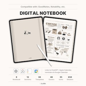 May include: Digital notebook template compatible with GoodNotes and Notability apps. The template features a beige background with a deer illustration and a coffee-themed page with a world map, coffee beans, and a coffee grinder. The template includes 8 notebooks, 12 sections, 66 templates, 40 covers, 35 icons, and 650 stickers.
