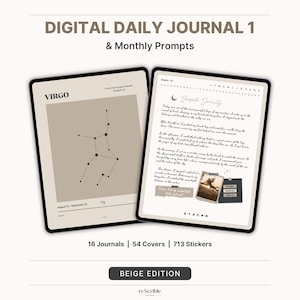May include: Beige digital daily journal with 16 journals, 54 covers, and 713 stickers. The journal features a Virgo constellation on the cover and a sample page with the text "Seashore Serenity".