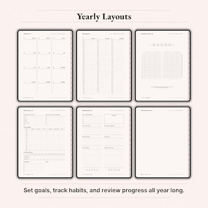 Yearly layouts bundle for 2026 digital planner on iPad showing goals page, quarterly planner, mood tracker, finances overview, yearly reflection and vision board. Dusty Rose aesthetic GoodNotes Notability template, habit tracking, goal setting, productivity planner pages, instant download PDF.