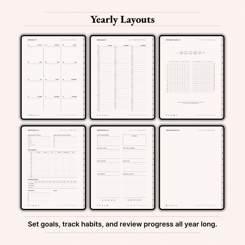 Yearly layouts bundle for 2026 digital planner on iPad showing goals page, quarterly planner, mood tracker, finances overview, yearly reflection and vision board. Dusty Rose aesthetic GoodNotes Notability template, habit tracking, goal setting, productivity planner pages, instant download PDF.