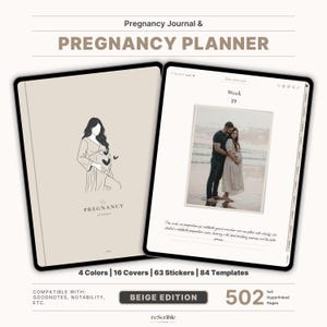 May include: A beige Pregnancy Planner and Journal with a line drawing of a pregnant person on the cover. The open planner shows a photo of a couple and the text "Week 39". The planner includes 502 hyperlinked pages, 63 stickers, and 84 templates.