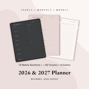 Peut inclure: Un planificateur numérique avec un écran gris foncé affichant un emploi du temps hebdomadaire, avec deux pages ouvertes. Le texte indique "ANNUEL • MENSUEL • HEBDOMADAIRE" et "Planificateur 2026 & 2027". Il y a 12 sections de notes, 92 couvertures et 4 couleurs.