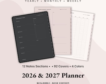 May include: A digital planner with a dark gray screen displaying a weekly schedule, alongside two open pages. The text reads "YEARLY • MONTHLY • WEEKLY" and "2026 & 2027 Planner." Additional text indicates 12 notes sections, 92 covers, and 4 colors.