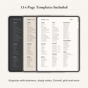 "114 page templates for digital notebooks – includes planners, study notes, Cornell notes, grid, lined, and more."

Digital Notebook, Goodnotes Notebook, Digital Journal, Student Notebook, Digital Planner, Notebook With Tabs, Notebook Journal, Goodnotes Template, Notes Template, Minimalist Notebook, Academic Notebook, Ipad Notebook, hyperlinked notebook