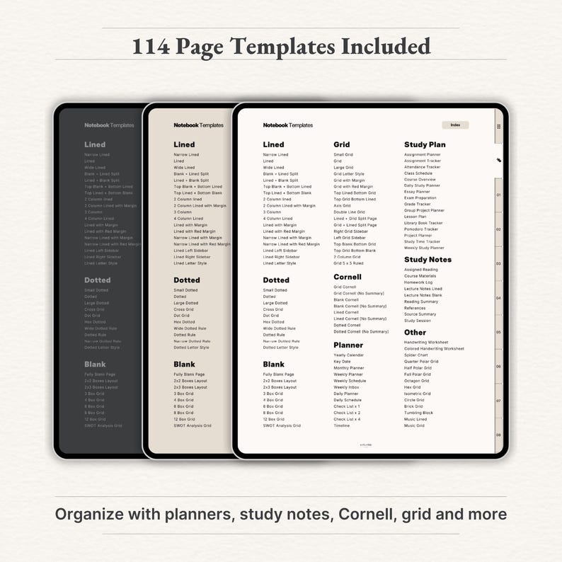"114 page templates for digital notebooks – includes planners, study notes, Cornell notes, grid, lined, and more."

Digital Notebook, Goodnotes Notebook, Digital Journal, Student Notebook, Digital Planner, Notebook With Tabs, Notebook Journal, Goodnotes Template, Notes Template, Minimalist Notebook, Academic Notebook, Ipad Notebook, hyperlinked notebook