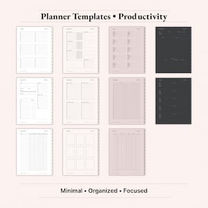 Planner templates productivity bundle for 2026 digital planner on iPad showing to-do list, project planner, project timeline, routine planner, brain dump, time tracker, time log and meeting notes pages. Minimal Dusty Rose and dark aesthetic GoodNotes Notability templates for goal setting, task management and time blocking. Instant download PDF.