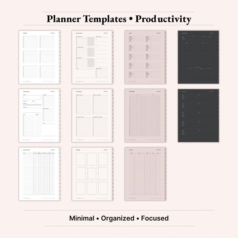 Planner templates productivity bundle for 2026 digital planner on iPad showing to-do list, project planner, project timeline, routine planner, brain dump, time tracker, time log and meeting notes pages. Minimal Dusty Rose and dark aesthetic GoodNotes Notability templates for goal setting, task management and time blocking. Instant download PDF.