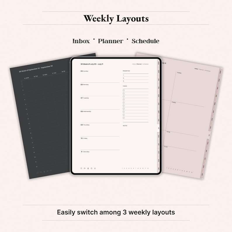 Weekly layouts preview for 2026 digital planner on iPad showing three hyperlinked weekly views: inbox, planner, and schedule. Dusty Rose and dark aesthetic GoodNotes Notability template, Monday and Sunday start options, minimal weekly spread for productivity, time blocking, and task planning. Instant download PDF.