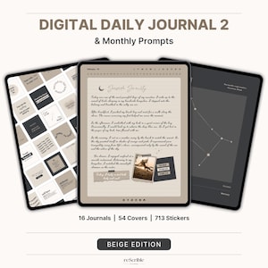 May include: Beige digital daily journal with 16 journals, 54 covers, and 713 stickers. The journal features a handwritten entry with the title "Seashore Serenity" and a photo of a person on a swing. The text "Make Today Great" is visible in the photo.