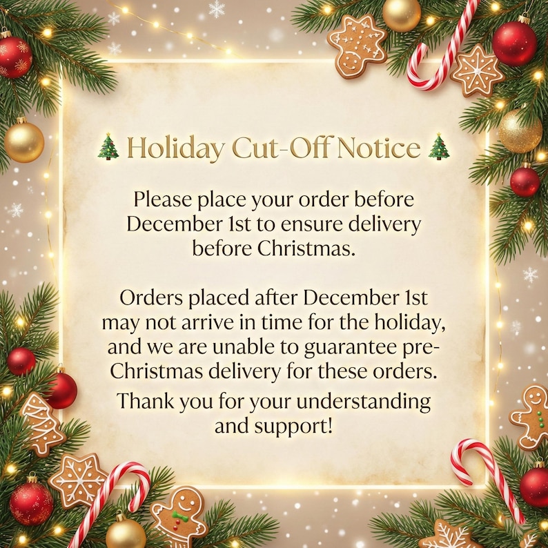 May include: A festive holiday-themed announcement with text: "Holiday Cut-Off Notice." The message requests orders be placed before December 1st for Christmas delivery. The image features Christmas ornaments, gingerbread cookies, and candy canes.