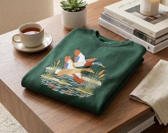 Embroidered Mallard Duck Sweatshirt, Flying Ducks Hoodie, Nature Waterfowl Bird Sweater, Outdoors Hunter Gift, Wildlife Art