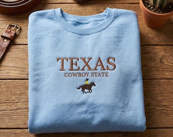 Embroidered Texas Sweatshirt, Cowboy State Crewneck, Western Rider Shirt, Horse Lover Gift, Retro Texas Embroidery, Texas Cowboy Hoodie